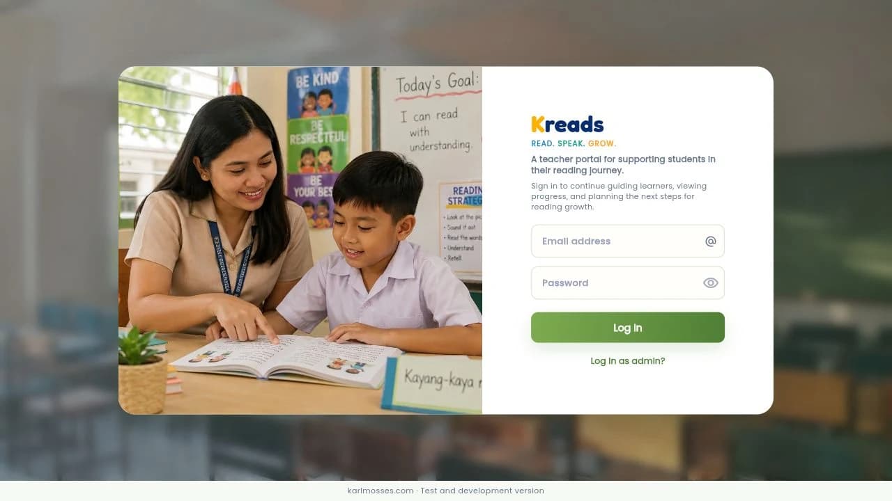 Kreads public teacher login with a classroom reading image, sign-in fields, and an administrator link
